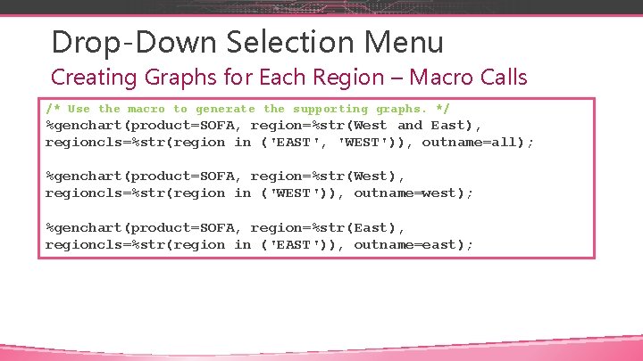 Drop-Down Selection Menu Creating Graphs for Each Region – Macro Calls /* Use the