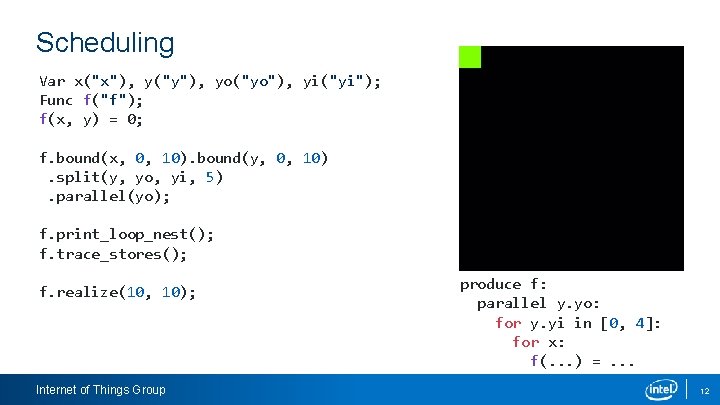 Scheduling Var x("x"), y("y"), yo("yo"), yi("yi"); Func f("f"); f(x, y) = 0; f. bound(x,