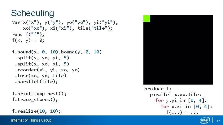 Scheduling Var x("x"), y("y"), yo("yo"), yi("yi"), xo("xo"), xi("xi"), tile("tile"); Func f("f"); f(x, y) =