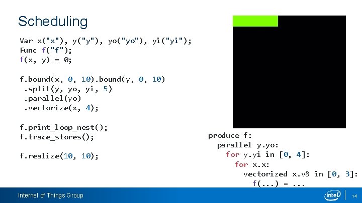 Scheduling Var x("x"), y("y"), yo("yo"), yi("yi"); Func f("f"); f(x, y) = 0; f. bound(x,