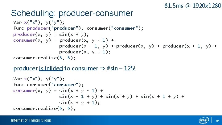 Scheduling: producer-consumer 81. 5 ms @ 1920 x 1280 Var x("x"), y("y"); Func producer("producer"),