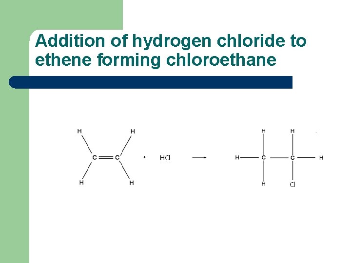 Addition of hydrogen chloride to ethene forming chloroethane 