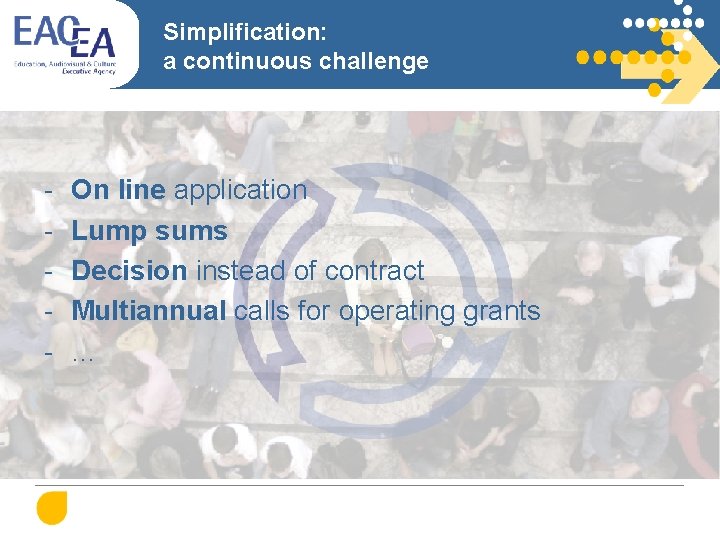 Simplification: a continuous challenge - On line application Lump sums Decision instead of contract