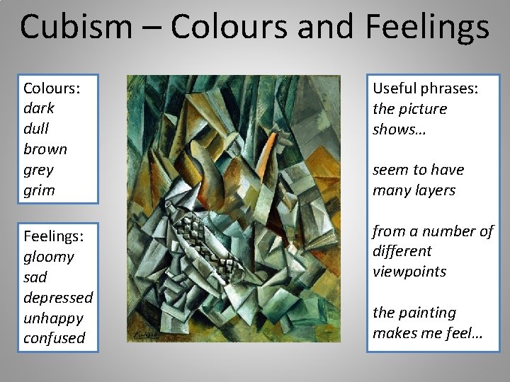 Cubism – Colours and Feelings Colours: dark dull brown grey grim Useful phrases: the