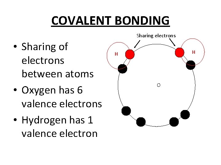 COVALENT BONDING Sharing electrons • Sharing of electrons between atoms • Oxygen has 6
