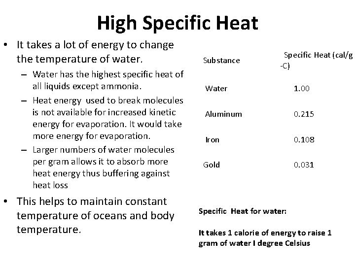 High Specific Heat • It takes a lot of energy to change the temperature