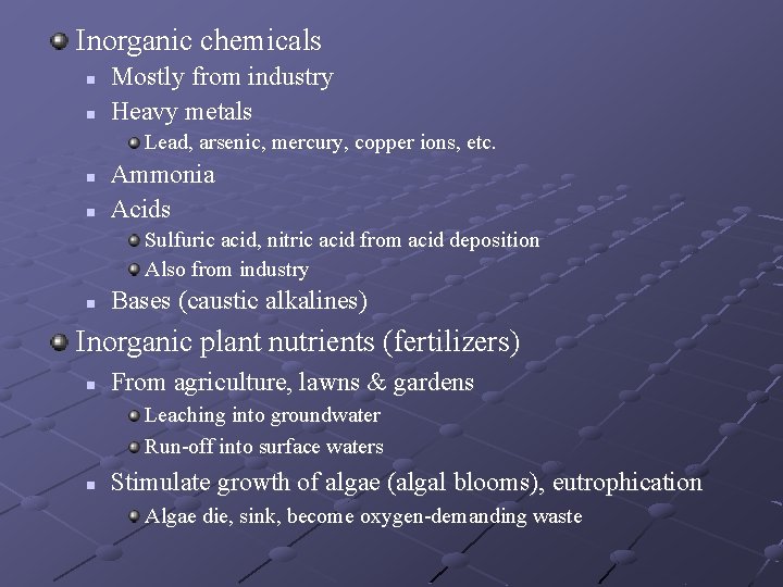 Inorganic chemicals n n Mostly from industry Heavy metals Lead, arsenic, mercury, copper ions,