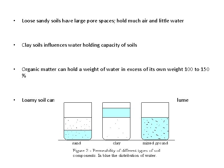  • Loose sandy soils have large pore spaces; hold much air and little