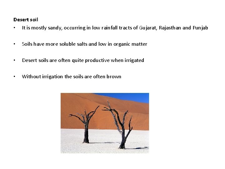 Desert soil • It is mostly sandy, occurring in low rainfall tracts of Gujarat,