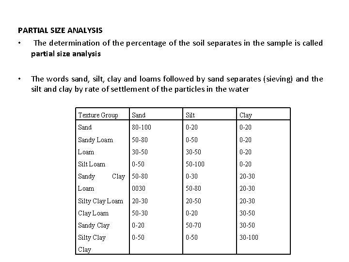 PARTIAL SIZE ANALYSIS • The determination of the percentage of the soil separates in