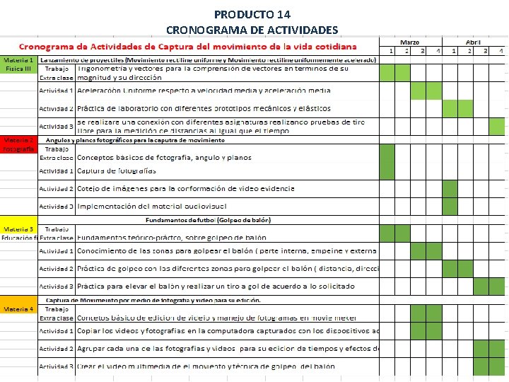 PRODUCTO 14 CRONOGRAMA DE ACTIVIDADES 