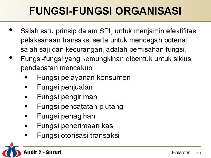 FUNGSI-FUNGSI ORGANISASI • • Salah satu prinsip dalam SPI, untuk menjamin efektifitas pelaksanaan transaksi