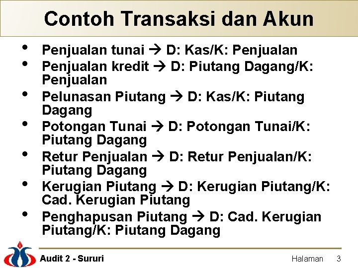 Contoh Transaksi dan Akun • • Penjualan tunai D: Kas/K: Penjualan kredit D: Piutang