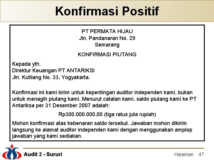 Konfirmasi Positif PT PERMATA HIJAU Jln. Pandanaran No. 29 Semarang KONFIRMASI PIUTANG Kepada yth.