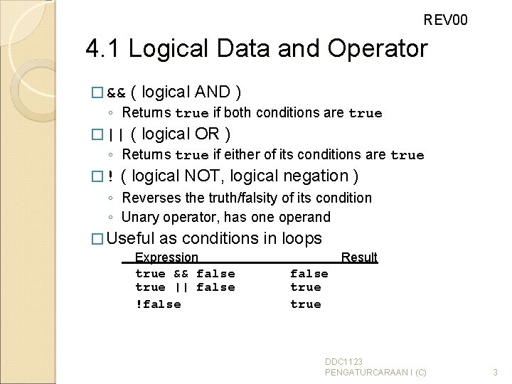 REV 00 4. 1 Logical Data and Operator � && ( logical AND )