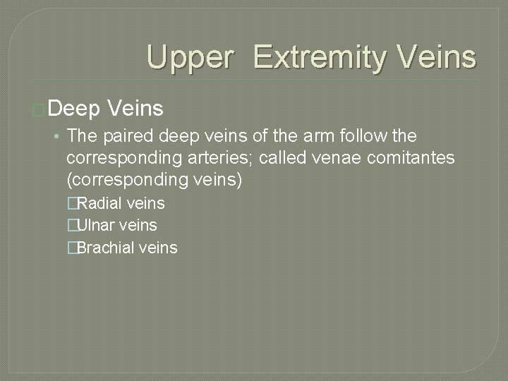 Upper Extremity Veins �Deep Veins • The paired deep veins of the arm follow