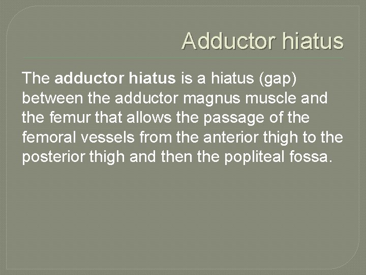 Adductor hiatus The adductor hiatus is a hiatus (gap) between the adductor magnus muscle