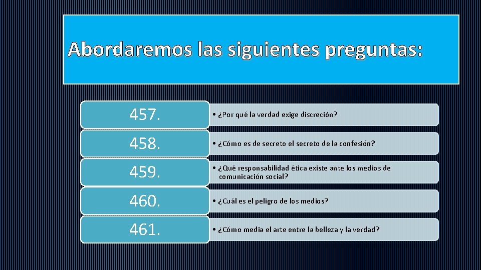 Abordaremos las siguientes preguntas: 457. • ¿Por qué la verdad exige discreción? 458. •