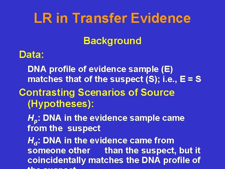 LR in Transfer Evidence Background Data: DNA profile of evidence sample (E) matches that LR in Transfer Evidence Background Data: DNA profile of evidence sample (E) matches that