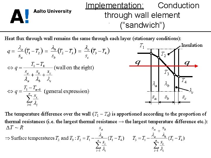 Implementation: Conduction through wall element (”sandwich”) Heat flux through wall remains the same through