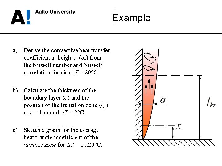 Example a) Derive the convective heat transfer coefficient at height x (αx) from the