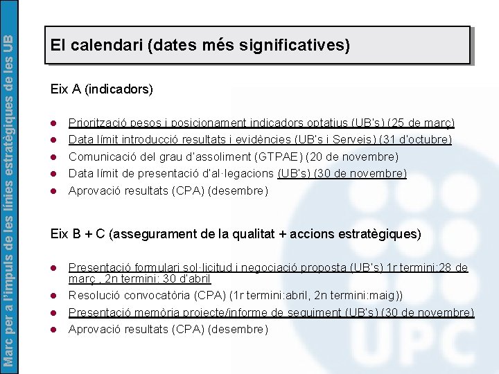 Marc per a l’impuls de les línies estratègiques de les UB El calendari (dates