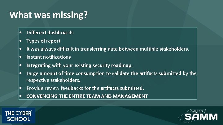 What was missing? • • • Different dashboards Types of report It was always