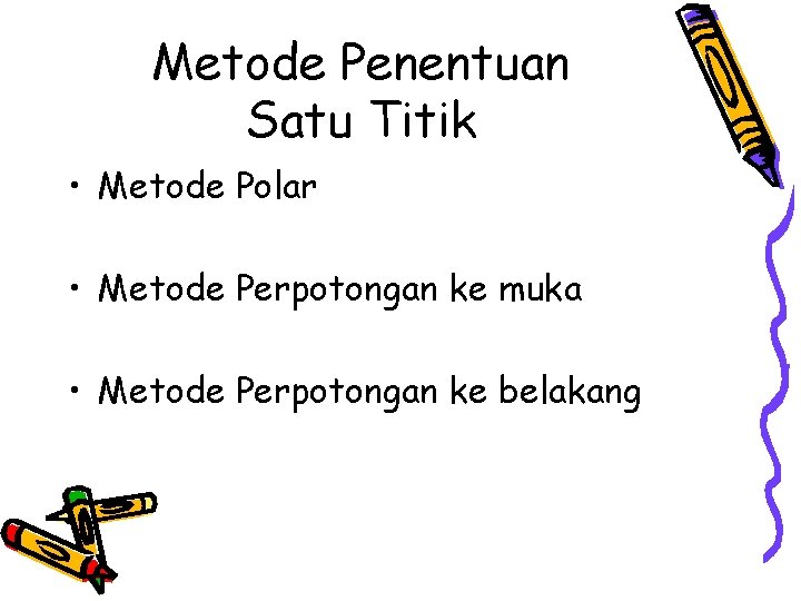 Metode Penentuan Satu Titik • Metode Polar • Metode Perpotongan ke muka • Metode