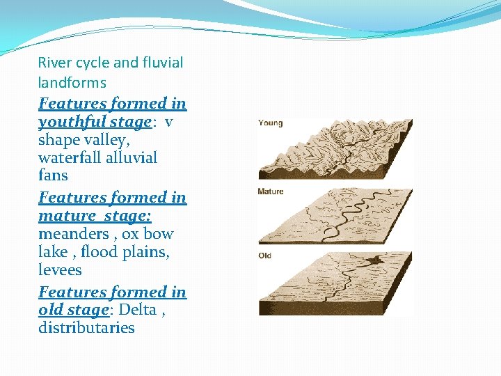 River cycle and fluvial landforms Features formed in youthful stage: v shape valley, waterfall