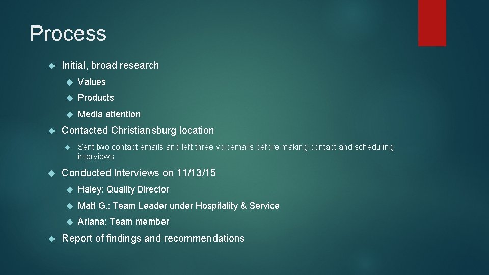 Process Initial, broad research Values Products Media attention Contacted Christiansburg location Sent two contact Process Initial, broad research Values Products Media attention Contacted Christiansburg location Sent two contact