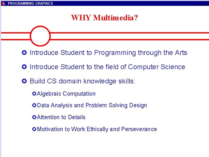 WHY Multimedia? £ Introduce Student to Programming through the Arts £ Introduce Student to