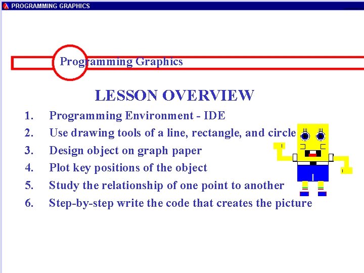 Programming Graphics LESSON OVERVIEW 1. 2. 3. 4. 5. 6. Programming Environment - IDE