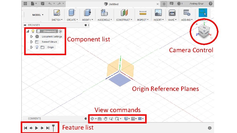 Component list Camera Control Origin Reference Planes View commands Feature list 