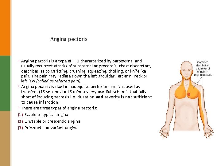 Angina pectoris is a type of IHD characterized by paroxysmal and usually recurrent attacks