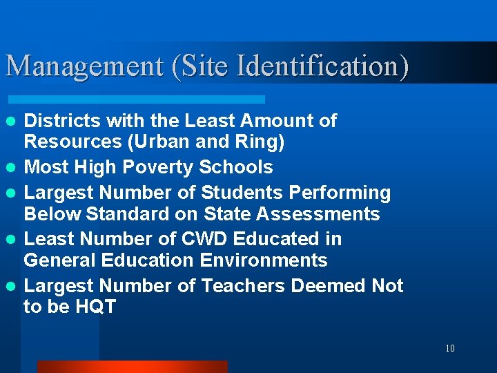 Management (Site Identification) l l l Districts with the Least Amount of Resources (Urban