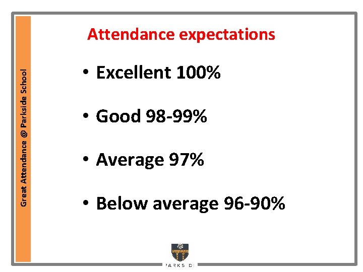 Great Attendance @ Parkside School Attendance expectations • Excellent 100% • Good 98 -99%