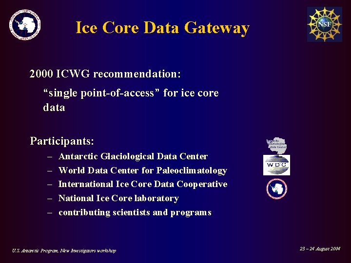 Ice Core Data Gateway 2000 ICWG recommendation: “single point-of-access” for ice core data Participants: