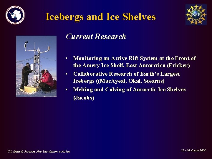 Icebergs and Ice Shelves Current Research • Monitoring an Active Rift System at the