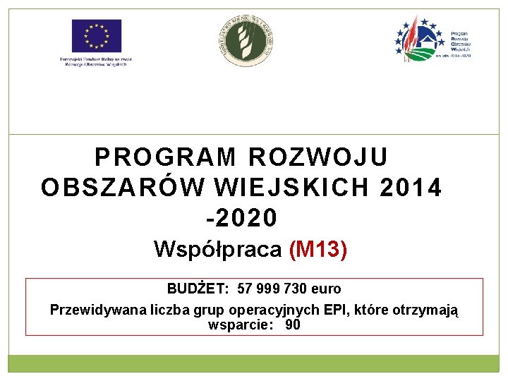 PROGRAM ROZWOJU OBSZARÓW WIEJSKICH 2014 -2020 Współpraca (M 13) BUDŻET: 57 999 730 euro