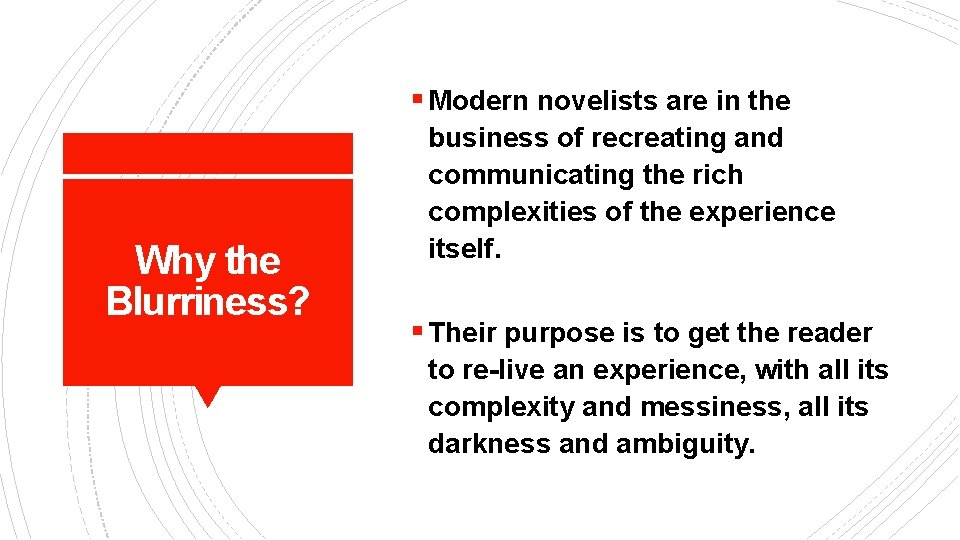 § Modern novelists are in the Why the Blurriness? business of recreating and communicating