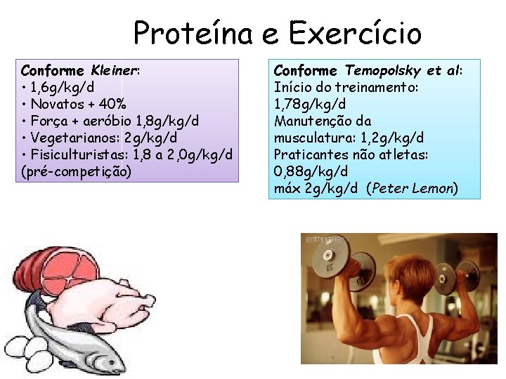 Proteína e Exercício Conforme Kleiner: • 1, 6 g/kg/d • Novatos + 40% •
