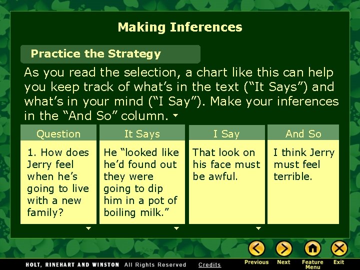 Making Inferences Practice the Strategy As you read the selection, a chart like this