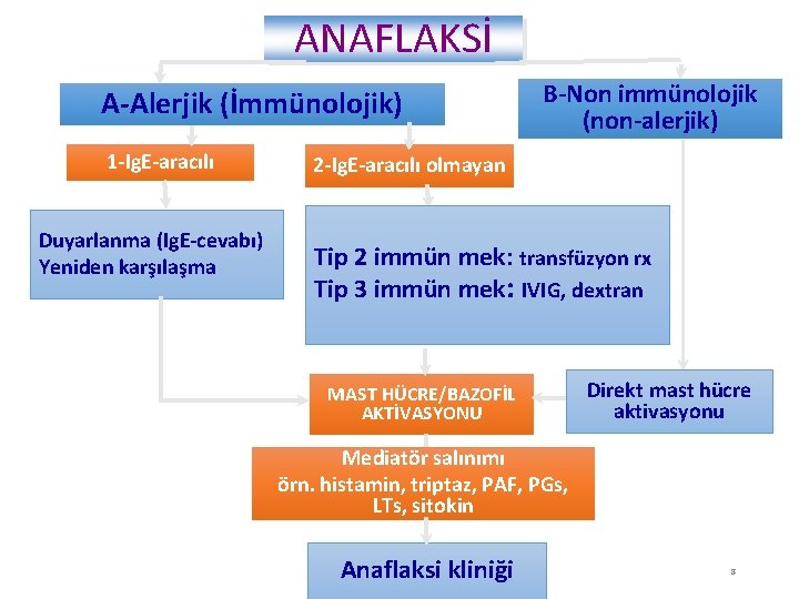 ANAFLAKSİ A-Alerjik (İmmünolojik) 1 -Ig. E-aracılı Duyarlanma (Ig. E-cevabı) Yeniden karşılaşma B-Non immünolojik (non-alerjik)