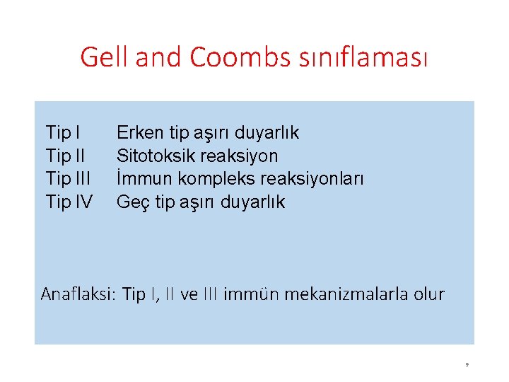 Gell and Coombs sınıflaması Tip III Tip IV Erken tip aşırı duyarlık Sitotoksik reaksiyon