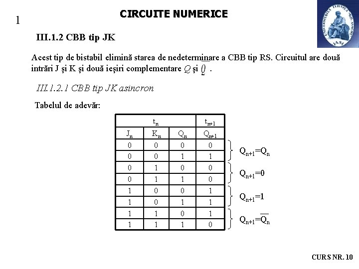 CIRCUITE NUMERICE 1 III. 1. 2 CBB tip JK Acest tip de bistabil elimină