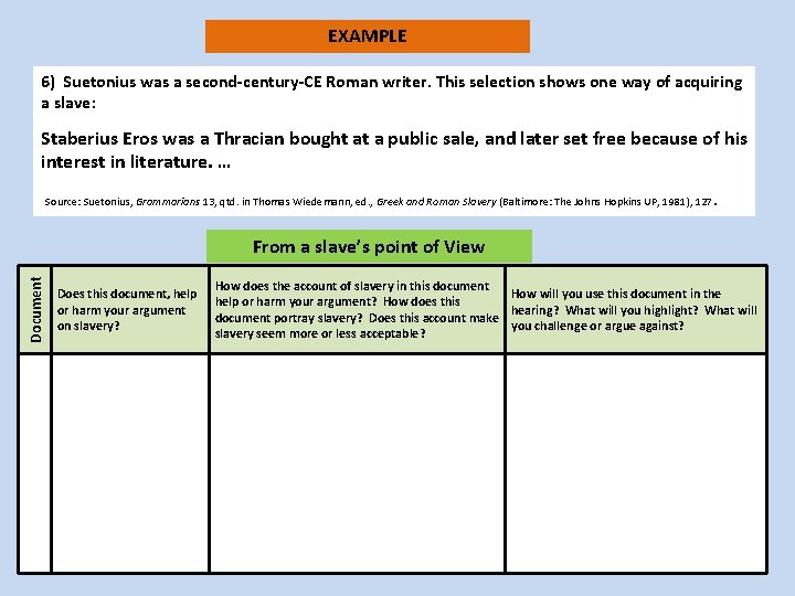 EXAMPLE 6) Suetonius was a second-century-CE Roman writer. This selection shows one way of