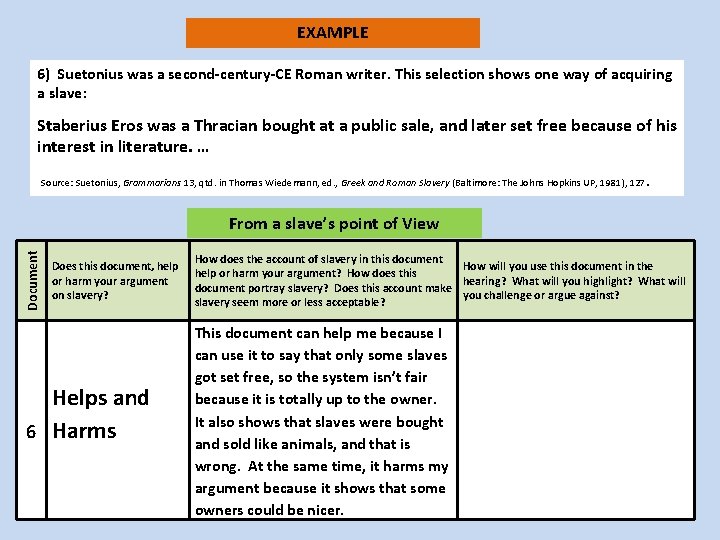 EXAMPLE 6) Suetonius was a second-century-CE Roman writer. This selection shows one way of