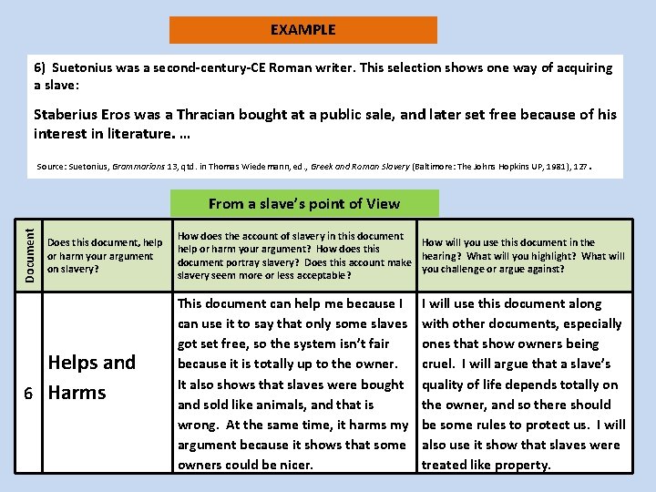 EXAMPLE 6) Suetonius was a second-century-CE Roman writer. This selection shows one way of
