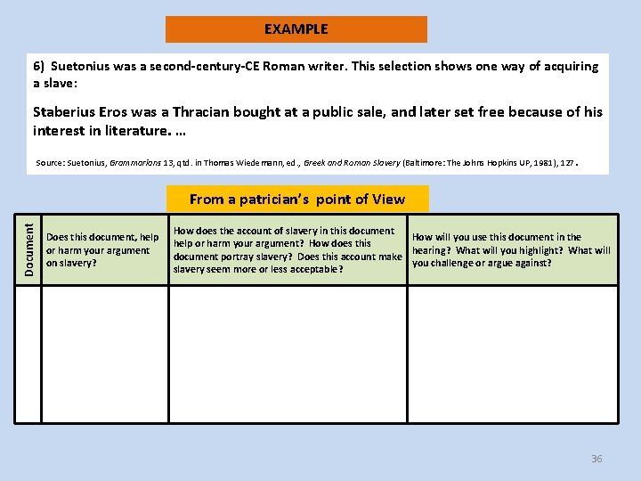 EXAMPLE 6) Suetonius was a second-century-CE Roman writer. This selection shows one way of