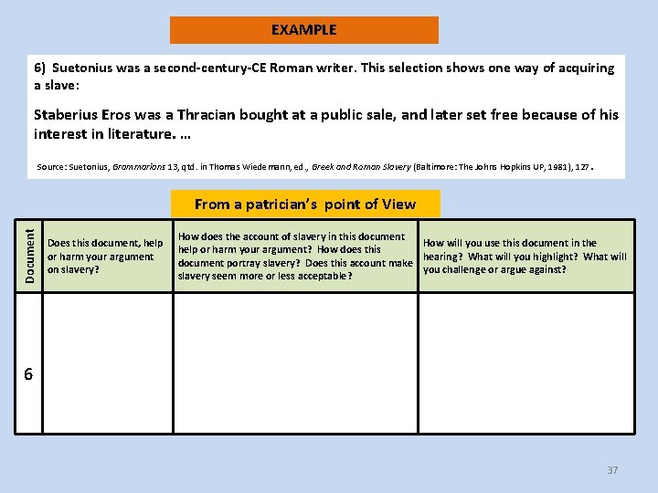 EXAMPLE 6) Suetonius was a second-century-CE Roman writer. This selection shows one way of